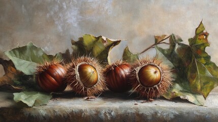 Aufkleber - Freshly Gathered Chestnuts on Leaves with Rustic Textured Background in Warm Natural Tones