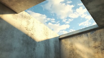 Aufkleber - Sky view through a roof corner with textured walls and soft light highlighting the architectural space against a cloudy backdrop