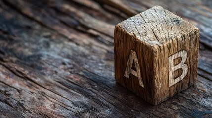 Poster - Wooden cube featuring engraved letters A and B on a rustic wooden surface, creating a visually striking and engaging focal point.