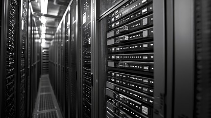 Poster - Storage servers neatly organized in data center cabinets showcasing advanced technology and efficient system management in a modern environment