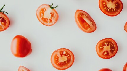 Aufkleber - Fresh ripe tomatoes and their vibrant slices arranged artistically on a clean white background for culinary presentations.