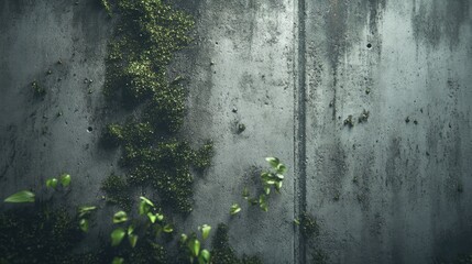 Poster - Weathered cement wall with moss growth and dirt texture showcasing nature's reclamation in an urban environment.