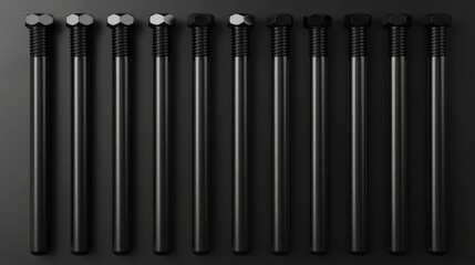 Poster - Long black industrial screws arranged in a row on a dark background showcasing their design and functionality for engineering applications