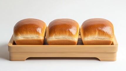 Fototapete - Three freshly baked loaves of bread arranged on a bamboo tray with a minimalist white background for food presentation and styling.