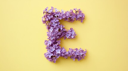 Poster - Lilac flowers shaped as the letter E on a vibrant yellow background suitable for creative lettering and artistic design projects.