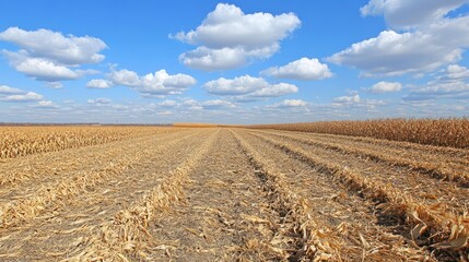 Poster - Tilled cornfield with cut stubble rows under a bright blue sky and fluffy clouds after harvesting in autumn season
