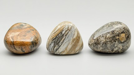Poster - Three polished river stones arranged in a row against a smooth neutral backdrop showcasing natural textures and earthy colors