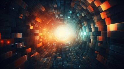 Wall Mural - Abstract Digital Tunnel Of Glowing Orange And Blue Blocks