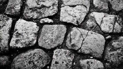 Poster - Textured cobblestone pavement surface in black and white showcasing natural stone patterns and weathered details for architectural designs
