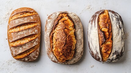 Poster - Artisan bread loaves arranged on a clean white background showcasing homemade quality and unique textures in baking craftsmanship