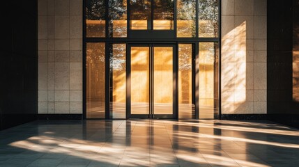 Poster - Sunlight casting intricate shadows on modern office building entrance with glass walls and contrasting beige cement textures
