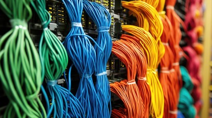 Poster - Vibrant network cables in a server room showcasing fiber connectivity and organized data center infrastructure for enhanced storage solutions