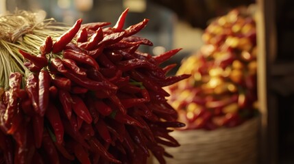 Poster - Vibrant display of dried chili peppers showcasing their rich colors and textures in a market setting ideal for culinary themes