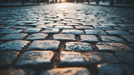 Poster - Cobblestone pavement texture in perspective with natural lighting and abstract background showcasing granite stone details.