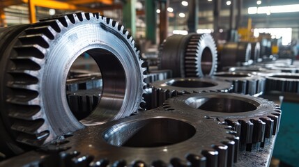 Poster - Industrial Close-Up of Serrated Helical Ring Gears in Manufacturing Facility with Focus on Precision Engineering and Metalwork