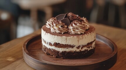Poster - Delicious tiramisu cake elegantly presented on a wooden plate in a cozy cafe setting.