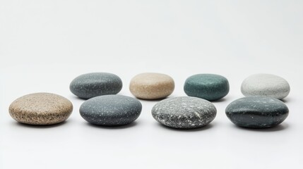 Poster - Set of decorative polishing stones in various colors arranged on a clean white background for artistic display or design purposes