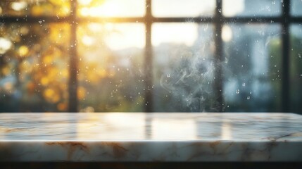 Poster - Marble tabletop with morning light and blurred window background capturing smoke and raindrops for product display or montage purposes.