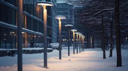 Poster - Winter evening street lamps illuminating a snowy path in an office complex setting with frosty trees and modern architecture.