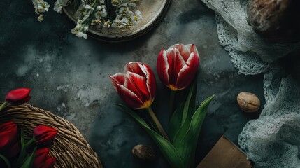 Poster - Top view of two red tulips surrounded by rustic decor and natural elements on a textured surface