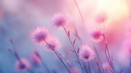 Poster - Mimosa pudica flowers in a dreamy garden setting with soft pastel colors ideal for serene backgrounds and nature-themed designs.