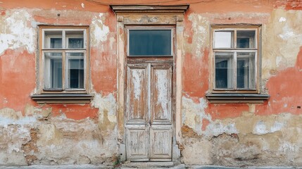 Aufkleber - Facade of an old house with freshly renovated windows showcasing historical architecture and weathered textures in urban renovation project