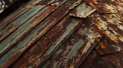 Poster - Rusty Tin Roof with Weathered Patina and Textured Metallic Surface Close-Up