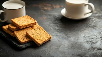 Poster - Healthy wheat rusk served with Indian masala tea on a black background ideal for promoting snack time and tea culture themes