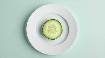 Poster - Fresh cucumber slice on a white plate against a light background highlighting its vibrant green color and crispy texture for culinary imagery.
