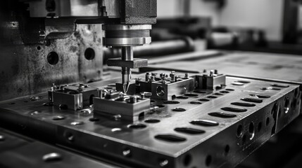 Poster - Precision Sheet Metal Stamping Tool Die in High Technology Factory Black and White Industrial Photography