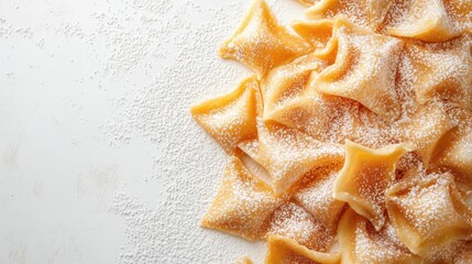 Poster - Homemade traditional carnival chiacchiere sweet treats on a white background with powdered sugar and ample copy space for text