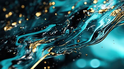 Fototapete - Teal Black Gold Fluid Ink Art Abstract Background with Shimmering Metallic Effects