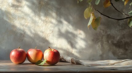Poster - Three red apples on a rustic kitchen table with autumn leaves and soft natural light creating a cozy seasonal atmosphere