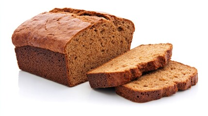 Poster - Wholemeal bread loaf sliced fresh on a white background showcasing its texture and color ideal for health food promotions and culinary designs