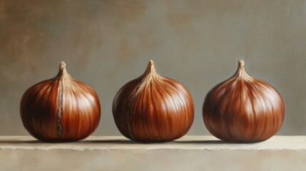 Poster - Three Ripe Chestnuts Displayed on a Neutral Background with Textured Surface for Culinary and Seasonal Themes