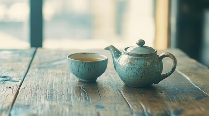 Poster - Ceramic teapot and matching tea cup set on rustic wooden table with soft natural light highlighting the serene atmosphere
