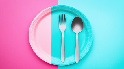 Poster - Colorful paper plate with fork and spoon arranged on contrasting pastel backgrounds for modern dining or party themes.