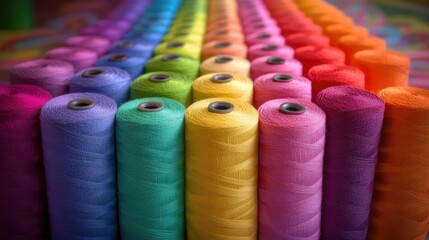 Poster - Colorful spools of thread arranged in a row with a sewing needle in the background showcasing vibrant textile creativity and craftsmanship.
