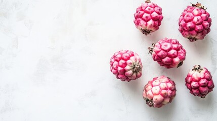 Poster - Fresh sugar apple fruits arranged artistically on a clean white background showcasing their unique texture and vibrant colors.