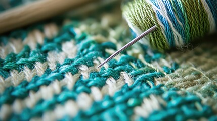 Poster - Macro view of a sewing needle and colorful threads on woven fabric showcasing intricate details of stitching and textile craftsmanship