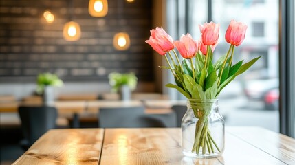 Poster - Artificial pink tulips in glass vase on wooden table in modern cafe setting with bright window light and copy space for decoration theme