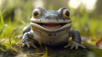 Poster - Cute smiling toad with white and blackish gray coloration captured in a natural setting surrounded by lush green grass and soft sunlight.