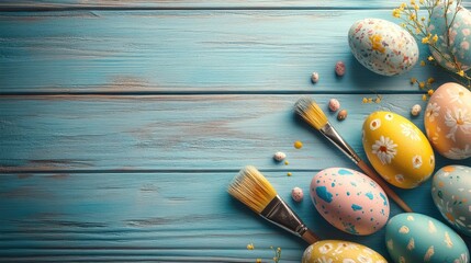 Aufkleber - Easter egg painting tools with colorful decorated eggs on a rustic blue wooden table for a festive spring celebration