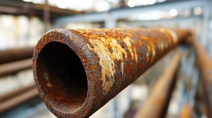 Poster - Rusty steel tube close-up with corrosion details against a blurred industrial background showcasing textures of aged metal and rust stains