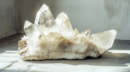 Poster - Skeletal Limonite Overlay on Glimmering Quartz Crystal Cluster in Soft Natural Light
