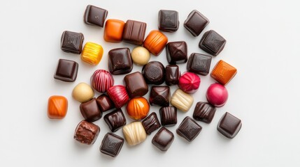 Aufkleber - Assorted gourmet chocolate candies elegantly arranged on a white background for a tempting visual appeal.