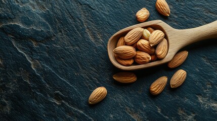 Poster - Almonds in a wooden scoop on dark stone surface with scattered almonds creating a natural food background ideal for healthy lifestyle themes