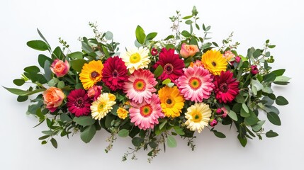 Poster - Vibrant floral arrangement in a top view perspective with a variety of colorful flowers on a white background ideal for advertisements and decorations