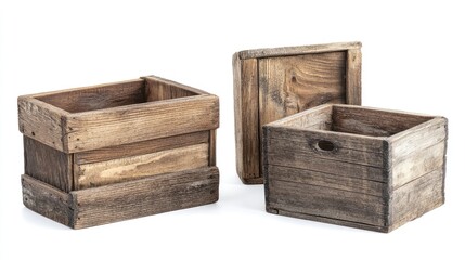 Poster - Rustic wooden box containers isolated on white background showcasing vintage design and craftsmanship for storage and decoration purposes.