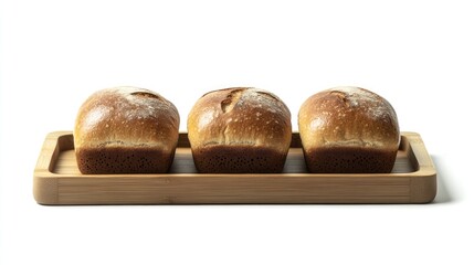 Poster - Three freshly baked loaves of bread arranged neatly on a bamboo tray isolated on a clean white background for culinary and baking themes